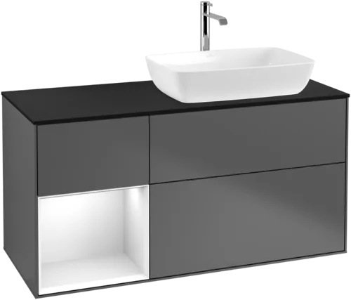 VILLEROY BOCH Toaletní skříňka Finion, s osvětlením, 3 výsuvy, 1200 x 603 x 501 mm, antracitový matný lak / lesklý bílý lak / černé matné sklo #F802GFGK, obrázek 1