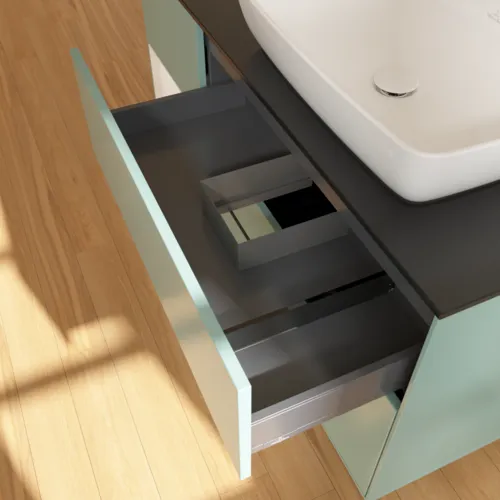VILLEROY BOCH Toaletní skříňka Finion, s osvětlením, 3 výsuvy, 1200 x 603 x 501 mm, olivový matný lak / lesklý bílý lak / sklo černé matné #F802GFGM, obrázek 6