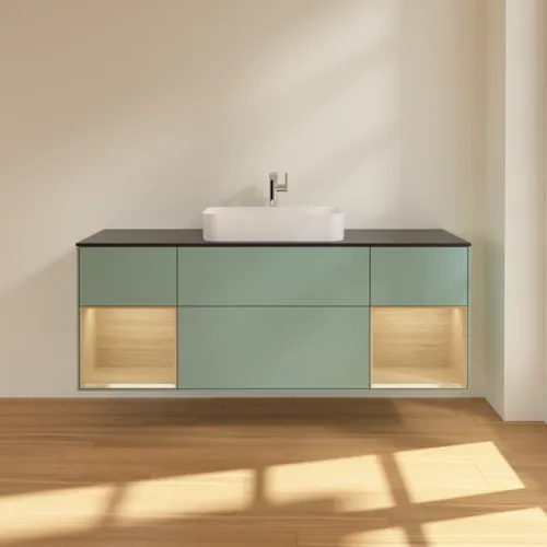 VILLEROY BOCH Toaletní skříňka Finion, s osvětlením, 4 výsuvy, 1600 x 603 x 501 mm, olivový matný lak / dubová dýha / sklo černé matné #F332PCGM, obrázek 3
