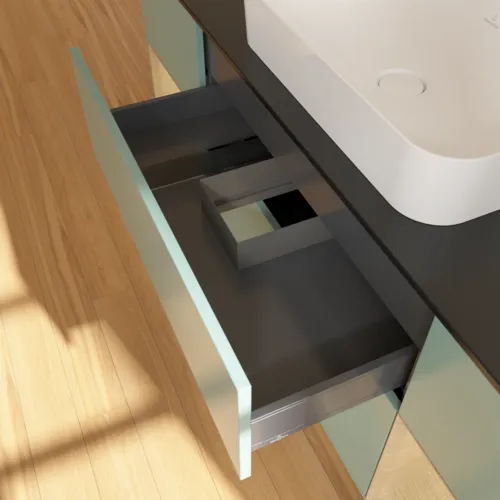 VILLEROY BOCH Toaletní skříňka Finion, s osvětlením, 4 výsuvy, 1600 x 603 x 501 mm, olivový matný lak / dubová dýha / sklo černé matné #F332PCGM, obrázek 8