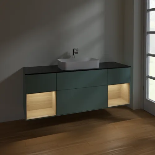 VILLEROY BOCH Toaletní skříňka Finion, s osvětlením, 4 výsuvy, 1600 x 603 x 501 mm, olivový matný lak / dubová dýha / sklo černé matné #F332PCGM, obrázek 5