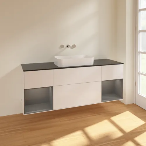 VILLEROY BOCH Toaletní skříňka Finion, s osvětlením, 4 výsuvy, 1600 x 603 x 501 mm, lesklý bílý lak / antracitový matný lak / černé matné sklo #F742GKGF, obrázek 2