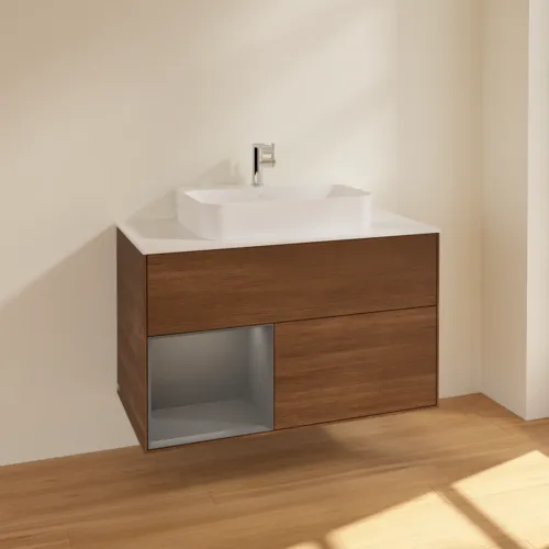 VILLEROY BOCH Toaletní skříňka Finion, s osvětlením, 2 výsuvy, 1000 x 603 x 501 mm, ořechová dýha / antracitový matný lak / bílé matné sklo #F361GKGN, obrázek 2