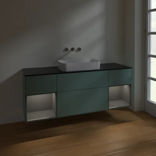 VILLEROY BOCH Toaletní skříňka Finion, s osvětlením, 4 výsuvy, 1600 x 603 x 501 mm, olivový matný lak / antracitový matný lak / černé matné sklo #F742GKGM, obrázek 5
