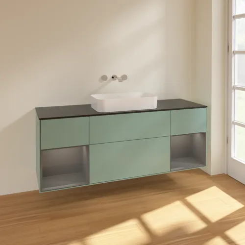 VILLEROY BOCH Toaletní skříňka Finion, s osvětlením, 4 výsuvy, 1600 x 603 x 501 mm, olivový matný lak / antracitový matný lak / černé matné sklo #F742GKGM, obrázek 2