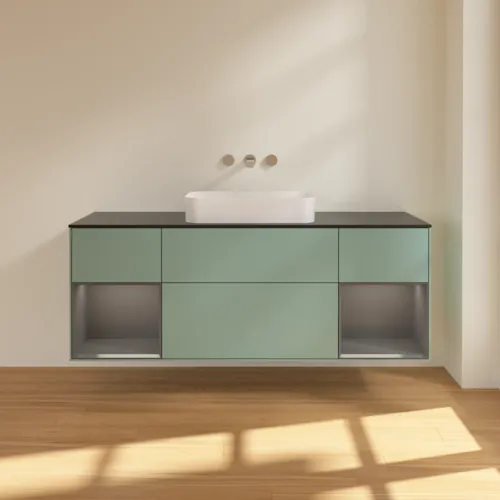 VILLEROY BOCH Toaletní skříňka Finion, s osvětlením, 4 výsuvy, 1600 x 603 x 501 mm, olivový matný lak / antracitový matný lak / černé matné sklo #F742GKGM, obrázek 3
