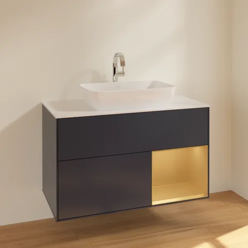 VILLEROY BOCH Toaletní skříňka Finion, s osvětlením, 2 výsuvy, 1000 x 603 x 501 mm, Midnight Blue Matt Lacquer / Gold Matt Lacquer / Glass White Matt #F781HFHG, obrázek 2