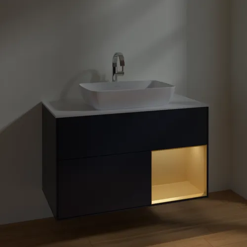 VILLEROY BOCH Toaletní skříňka Finion, s osvětlením, 2 výsuvy, 1000 x 603 x 501 mm, Midnight Blue Matt Lacquer / Gold Matt Lacquer / Glass White Matt #F781HFHG, obrázek 5