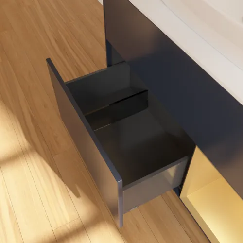 VILLEROY BOCH Toaletní skříňka Finion, s osvětlením, 2 výsuvy, 1000 x 603 x 501 mm, Midnight Blue Matt Lacquer / Gold Matt Lacquer / Glass White Matt #F781HFHG, obrázek 7