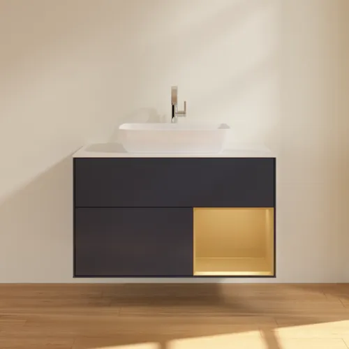 VILLEROY BOCH Toaletní skříňka Finion, s osvětlením, 2 výsuvy, 1000 x 603 x 501 mm, Midnight Blue Matt Lacquer / Gold Matt Lacquer / Glass White Matt #F781HFHG, obrázek 3