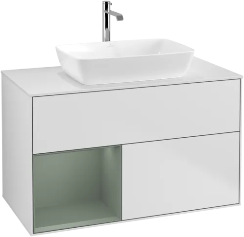 VILLEROY BOCH Toaletní skříňka Finion, s osvětlením, 2 výsuvy, 1000 x 603 x 501 mm, bílý matný lak / olivový matný lak / bílé matné sklo #F771GMMT
