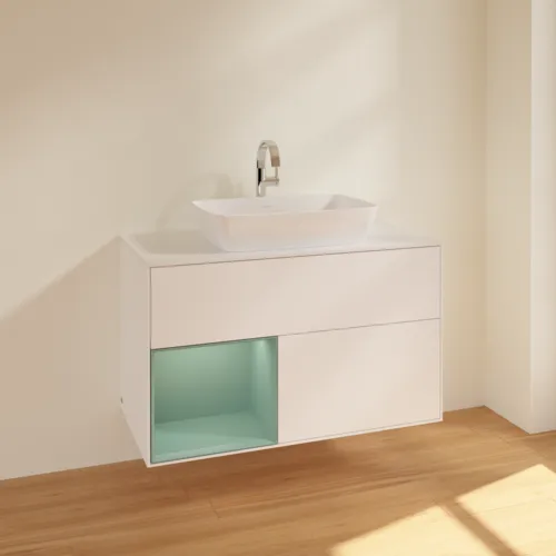 VILLEROY BOCH Toaletní skříňka Finion, s osvětlením, 2 výsuvy, 1000 x 603 x 501 mm, bílý matný lak / olivový matný lak / bílé matné sklo #F771GMMT, obrázek 2