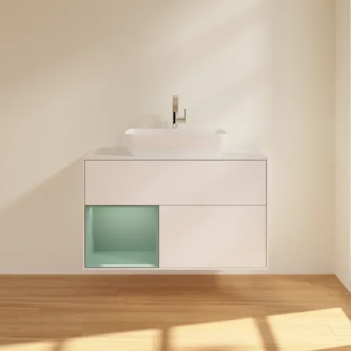 VILLEROY BOCH Toaletní skříňka Finion, s osvětlením, 2 výsuvy, 1000 x 603 x 501 mm, bílý matný lak / olivový matný lak / bílé matné sklo #F771GMMT, obrázek 3