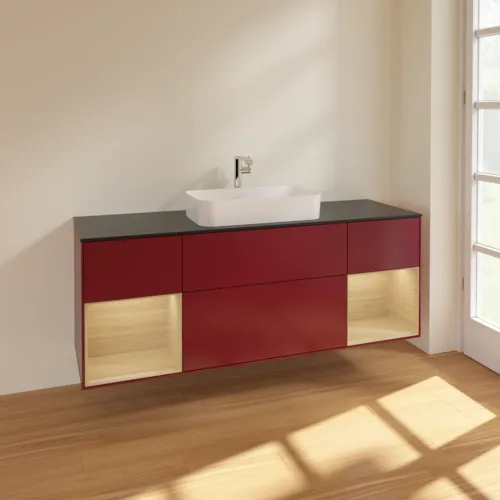 VILLEROY BOCH Toaletní skříňka Finion, s osvětlením, 4 výsuvy, 1600 x 603 x 501 mm, matný lak Peony / dubová dýha / černé matné sklo #F332PCHB, obrázek 2