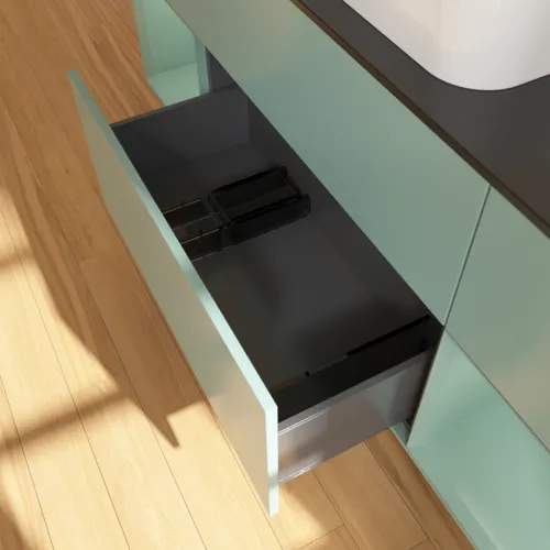 VILLEROY BOCH Toaletní skříňka Finion, s osvětlením, 4 výsuvy, 1600 x 603 x 501 mm, olivově matný lak / olivově matný lak / sklo černé matné #F742GMGM, obrázek 7