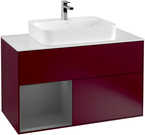 VILLEROY BOCH Toaletní skříňka Finion, s osvětlením, 2 výsuvy, 1000 x 603 x 501 mm, Pivoňka matný lak / Antracit matný lak / Sklo bílé matné #F361GKHB