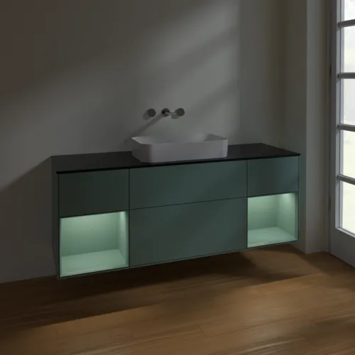 VILLEROY BOCH Toaletní skříňka Finion, s osvětlením, 4 výsuvy, 1600 x 603 x 501 mm, olivově matný lak / olivově matný lak / sklo černé matné #F742GMGM, obrázek 5