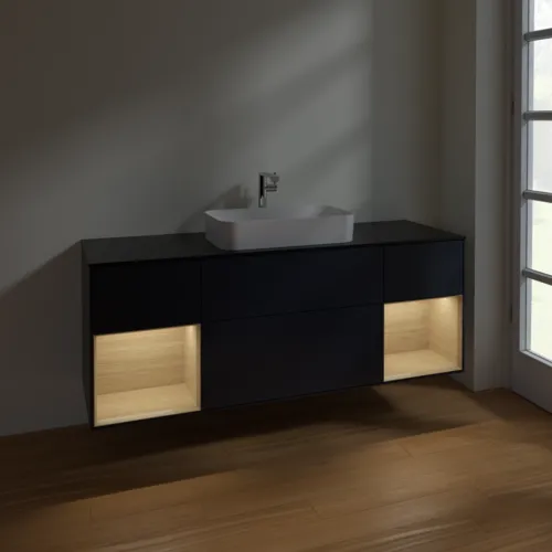 VILLEROY BOCH Toaletní skříňka Finion, s osvětlením, 4 výsuvy, 1600 x 603 x 501 mm, Midnight Blue Matt Lacquer / Dubová dýha / Sklo Black Matt #F332PCHG, obrázek 5