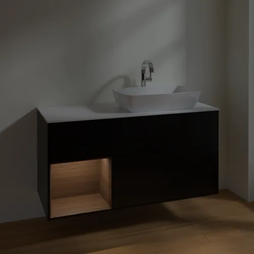 VILLEROY BOCH Toaletní skříňka Finion, s osvětlením, 3 výsuvy, 1200 x 603 x 501 mm, černý matný lak / ořechová dýha / bílé matné sklo #F801GNPD, obrázek 4