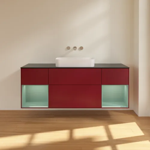 VILLEROY BOCH Toaletní skříňka Finion, s osvětlením, 4 výsuvy, 1600 x 603 x 501 mm, Pivoňka matný lak / Olivový matný lak / Sklo černé matné #F742GMHB, obrázek 3