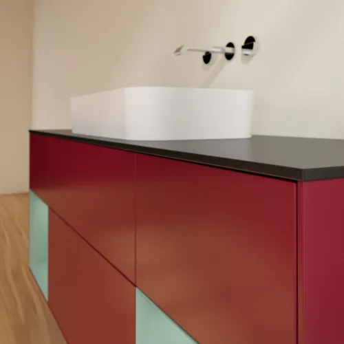 VILLEROY BOCH Toaletní skříňka Finion, s osvětlením, 4 výsuvy, 1600 x 603 x 501 mm, Pivoňka matný lak / Olivový matný lak / Sklo černé matné #F742GMHB, obrázek 6