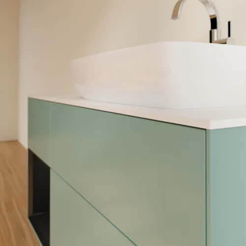 VILLEROY BOCH Toaletní skříňka Finion, s osvětlením, 3 výsuvy, 1200 x 603 x 501 mm, olivový matný lak / černý matný lak / bílé matné sklo #F801PDGM, obrázek 5