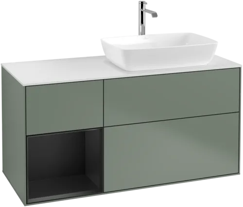 VILLEROY BOCH Toaletní skříňka Finion, s osvětlením, 3 výsuvy, 1200 x 603 x 501 mm, olivový matný lak / černý matný lak / bílé matné sklo #F801PDGM, obrázek 1