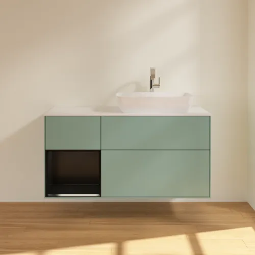 VILLEROY BOCH Toaletní skříňka Finion, s osvětlením, 3 výsuvy, 1200 x 603 x 501 mm, olivový matný lak / černý matný lak / bílé matné sklo #F801PDGM, obrázek 2