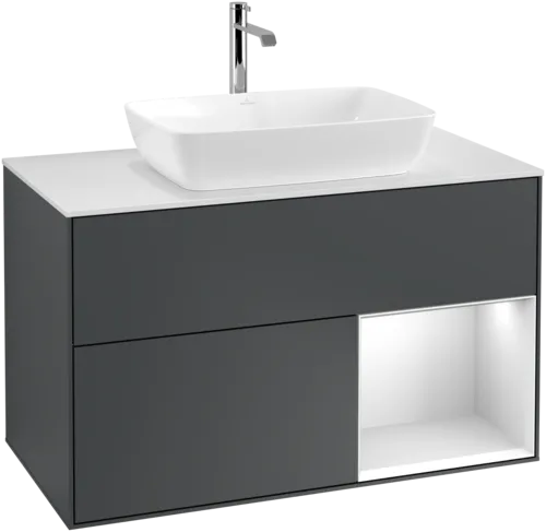 VILLEROY BOCH Toaletní skříňka Finion, s osvětlením, 2 výsuvy, 1000 x 603 x 501 mm, Midnight Blue Matt Lacquer / White Matt Lacquer / Glass White Matt #F781MTHG, obrázek 1