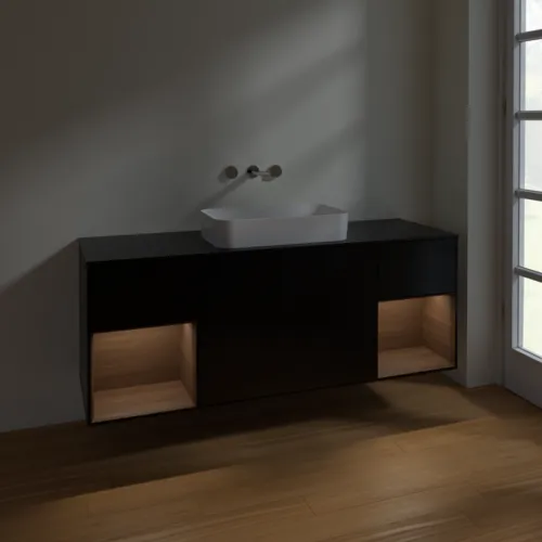 VILLEROY BOCH Toaletní skříňka Finion, s osvětlením, 4 výsuvy, 1600 x 603 x 501 mm, černý matný lak / ořechová dýha / černé matné sklo #F742GNPD, obrázek 5