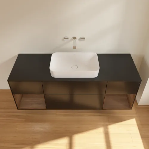 VILLEROY BOCH Toaletní skříňka Finion, s osvětlením, 4 výsuvy, 1600 x 603 x 501 mm, černý matný lak / ořechová dýha / černé matné sklo #F742GNPD, obrázek 4