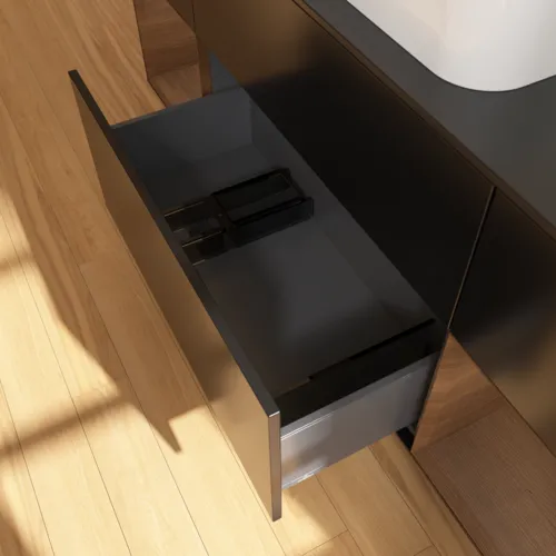 VILLEROY BOCH Toaletní skříňka Finion, s osvětlením, 4 výsuvy, 1600 x 603 x 501 mm, černý matný lak / ořechová dýha / černé matné sklo #F742GNPD, obrázek 7