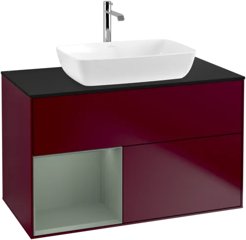 VILLEROY BOCH Toaletní skříňka Finion, s osvětlením, 2 výsuvy, 1000 x 603 x 501 mm, Pivoňka matný lak / Olivový matný lak / Sklo černé matné #F772GMHB
