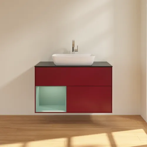 VILLEROY BOCH Toaletní skříňka Finion, s osvětlením, 2 výsuvy, 1000 x 603 x 501 mm, Pivoňka matný lak / Olivový matný lak / Sklo černé matné #F772GMHB, obrázek 3