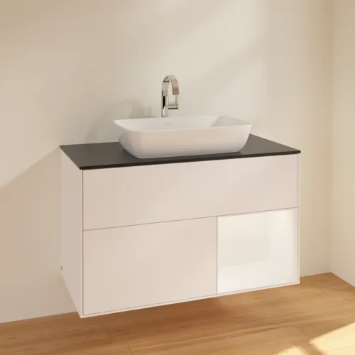VILLEROY BOCH Toaletní skříňka Finion, s osvětlením, 2 výsuvy, 1000 x 603 x 501 mm, bílý matný lak / bílý matný lak / černé matné sklo #F782MTMT, obrázek 2