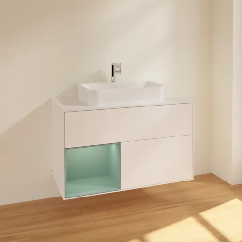 VILLEROY BOCH Toaletní skříňka Finion, s osvětlením, 2 výsuvy, 1000 x 603 x 501 mm, bílý matný lak / olivový matný lak / bílé matné sklo #F361GMMT, obrázek 2