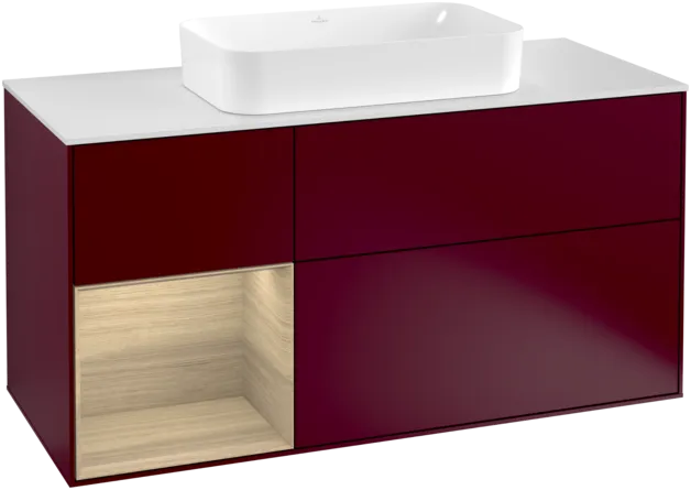 VILLEROY BOCH Toaletní skříňka Finion, s osvětlením, 3 výsuvy, 1200 x 603 x 501 mm, matný lak Peony / dubová dýha / bílé matné sklo #F291PCHB