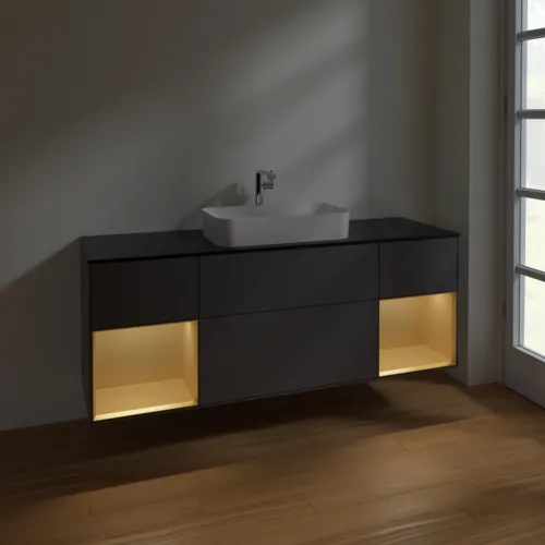 VILLEROY BOCH Toaletní skříňka Finion, s osvětlením, 4 výsuvy, 1600 x 603 x 501 mm, antracit matný lak / zlatý matný lak / černé matné sklo #F332HFGK, obrázek 5