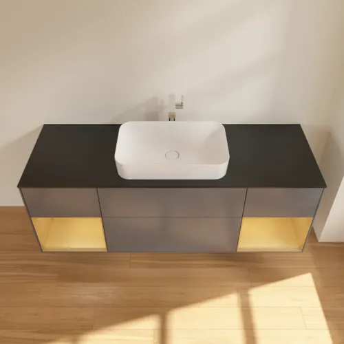 VILLEROY BOCH Toaletní skříňka Finion, s osvětlením, 4 výsuvy, 1600 x 603 x 501 mm, antracit matný lak / zlatý matný lak / černé matné sklo #F332HFGK, obrázek 4