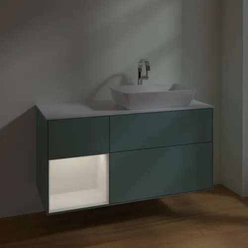 VILLEROY BOCH Toaletní skříňka Finion, s osvětlením, 3 výsuvy, 1200 x 603 x 501 mm, olivově matný lak / lesklý bílý lak / sklo bílé matné #F801GFGM, obrázek 3