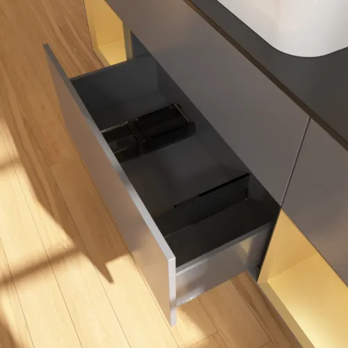 VILLEROY BOCH Toaletní skříňka Finion, s osvětlením, 4 výsuvy, 1600 x 603 x 501 mm, antracit matný lak / zlatý matný lak / černé matné sklo #F332HFGK, obrázek 7