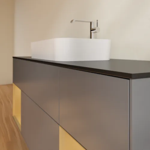 VILLEROY BOCH Toaletní skříňka Finion, s osvětlením, 4 výsuvy, 1600 x 603 x 501 mm, antracit matný lak / zlatý matný lak / černé matné sklo #F332HFGK, obrázek 6