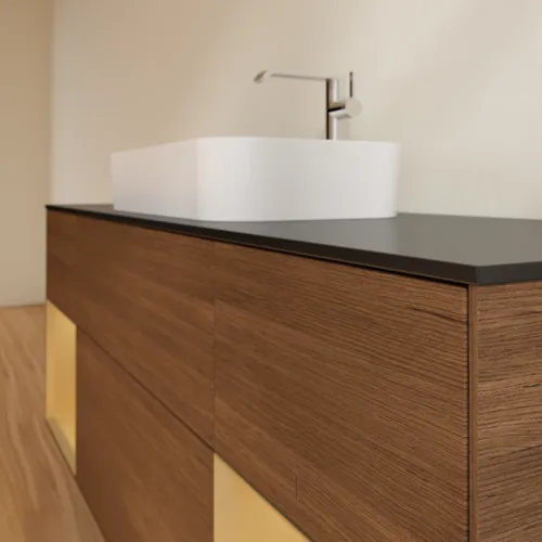VILLEROY BOCH Toaletní skříňka Finion, s osvětlením, 4 výsuvy, 1600 x 603 x 501 mm, ořechová dýha / zlatý matný lak / sklo černé matné #F332HFGN, obrázek 6