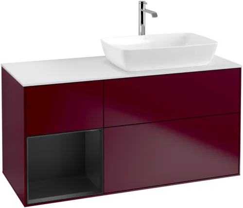 VILLEROY BOCH Toaletní skříňka Finion, s osvětlením, 3 výsuvy, 1200 x 603 x 501 mm, Pivoňka matný lak / Černý matný lak / Sklo bílé matné #F801PDHB, obrázek 1