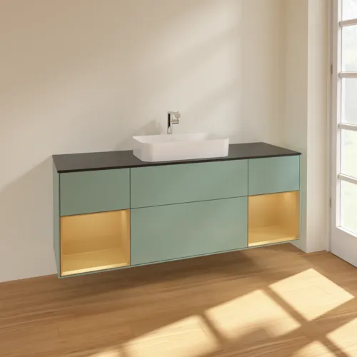 VILLEROY BOCH Toaletní skříňka Finion, s osvětlením, 4 výsuvy, 1600 x 603 x 501 mm, olivový matný lak / zlatý matný lak / černé matné sklo #F332HFGM, obrázek 2
