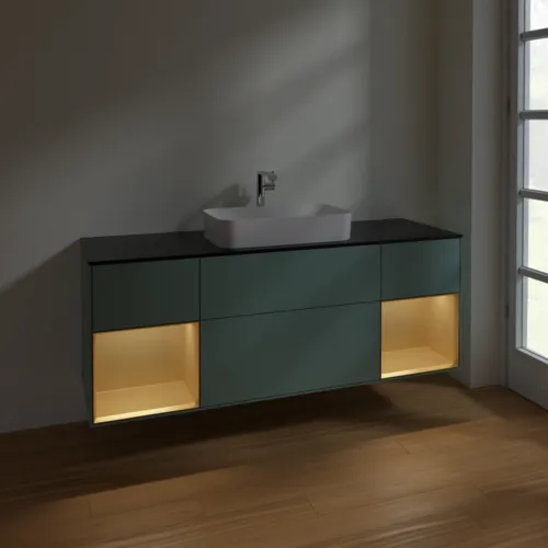 VILLEROY BOCH Toaletní skříňka Finion, s osvětlením, 4 výsuvy, 1600 x 603 x 501 mm, olivový matný lak / zlatý matný lak / černé matné sklo #F332HFGM, obrázek 5
