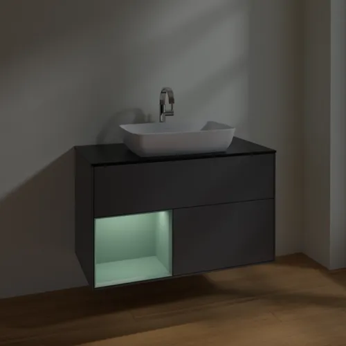 VILLEROY BOCH Toaletní skříňka Finion, s osvětlením, 2 výsuvy, 1000 x 603 x 501 mm, antracitový matný lak / olivový matný lak / černé matné sklo #F772GMGK, obrázek 5