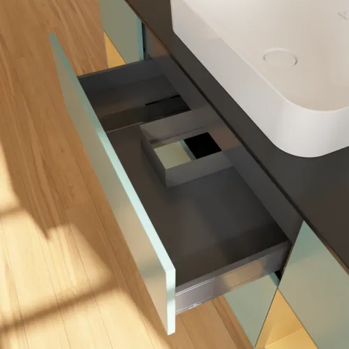 VILLEROY BOCH Toaletní skříňka Finion, s osvětlením, 4 výsuvy, 1600 x 603 x 501 mm, olivový matný lak / zlatý matný lak / černé matné sklo #F332HFGM, obrázek 8