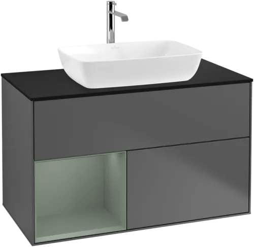 VILLEROY BOCH Toaletní skříňka Finion, s osvětlením, 2 výsuvy, 1000 x 603 x 501 mm, antracitový matný lak / olivový matný lak / černé matné sklo #F772GMGK, obrázek 1