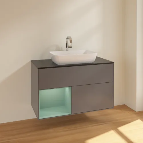 VILLEROY BOCH Toaletní skříňka Finion, s osvětlením, 2 výsuvy, 1000 x 603 x 501 mm, antracitový matný lak / olivový matný lak / černé matné sklo #F772GMGK, obrázek 2